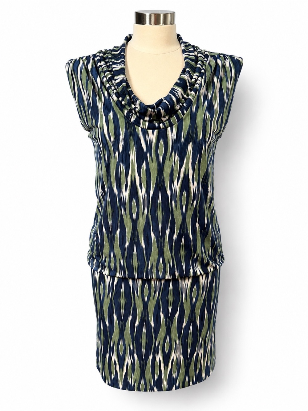 Michael Kors Blue & Green Abstract Print Cowl Neck Sheath Dress Size Small